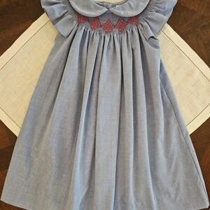 Adorable Boutique Krewe Girls Smocked Bishop Dress Size 3T Blue with Red Embroid